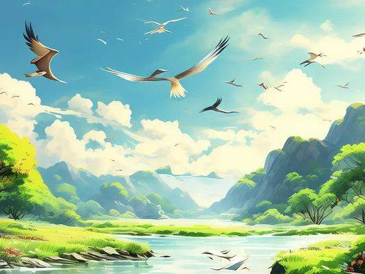 This is a painting. There are many kinds of birds flying among the mountains.