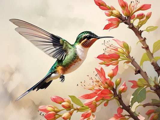 A hummingbird feeds among the flowers.