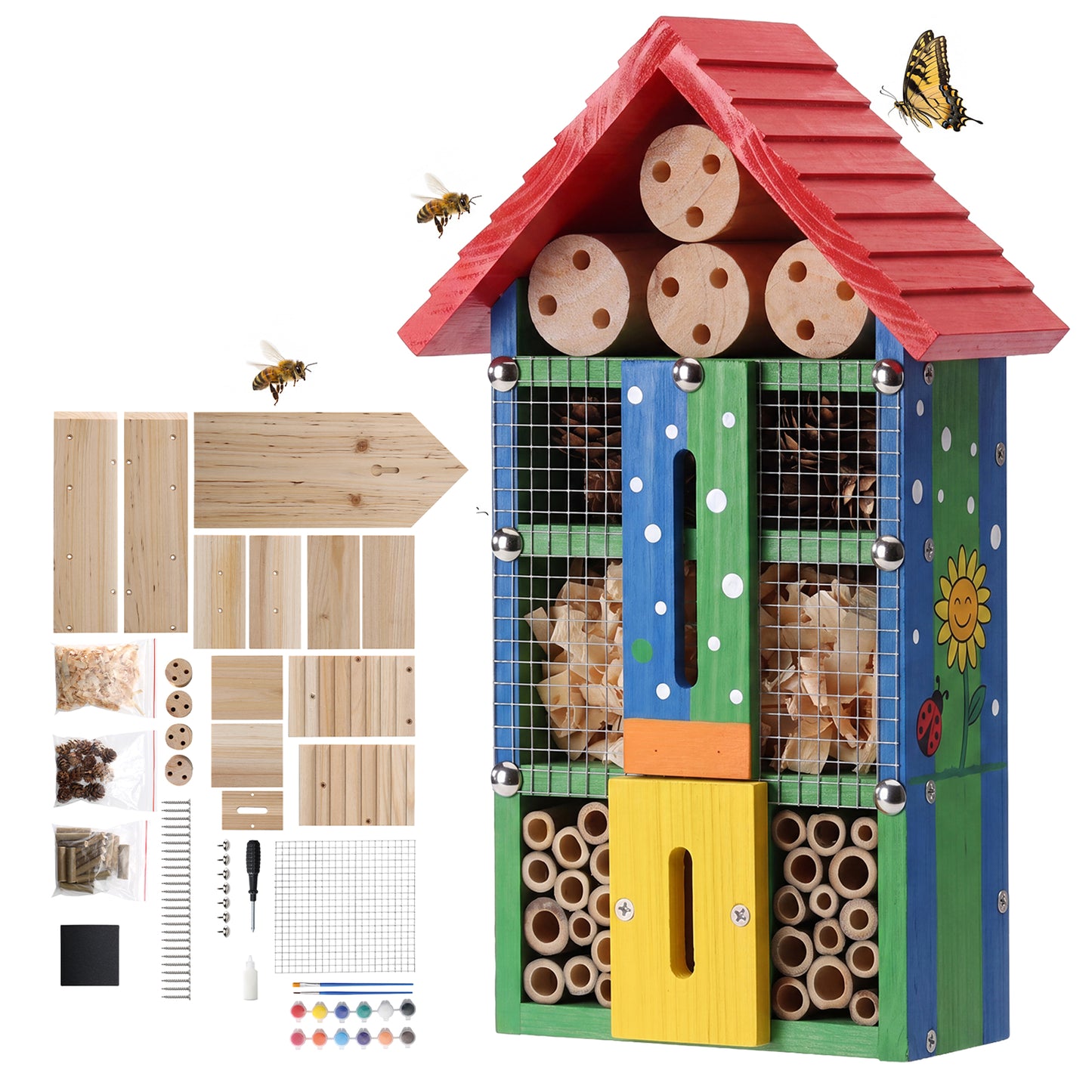 TT Nature DIY Insect Hotel Kit, Kids Gardening Toy, Build & Paint Wooden Bee House, Pollinator Habitat for Bee, Butterfly & Ladybug, Outdoor Educational Garden Craft Set for Children.