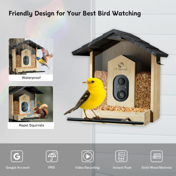 Smart Wooden Bird Feeder with Camera, AI Bird ID, 1.5L Capacity