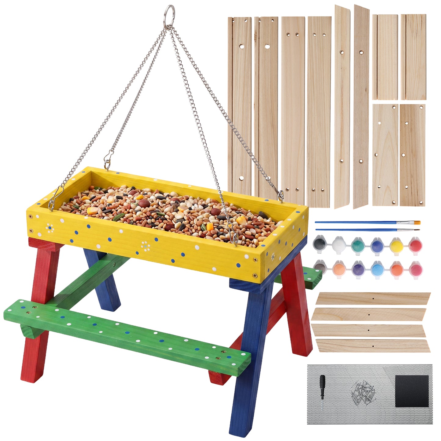 TT Nature Build & Paint Your Own Bird Feeder Kit - DIY Wooden Picnic Table Hanging Tray Feeder for Wild Brids, Squirrels & Other Poultry- STEM Nature Arts & Crafts Activity for Kids