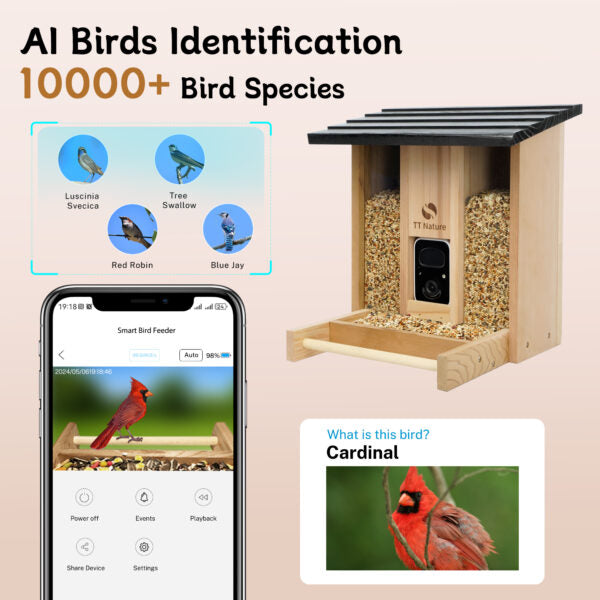 Smart Red Cedar Solar Bird Feeder with AI Camera