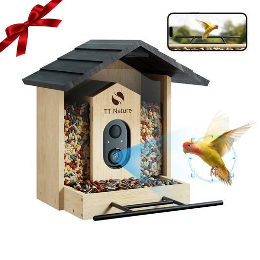 Smart Wooden Bird Feeder with Camera, AI Bird ID, 1.5L Capacity