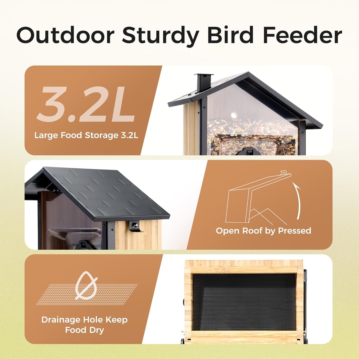 TT Nature Solar Camera Bird Feeder – 2K HD Live Video, AI Bird Recognition & Instant Alerts, Squirrel-Proof, 3.2L Bamboo