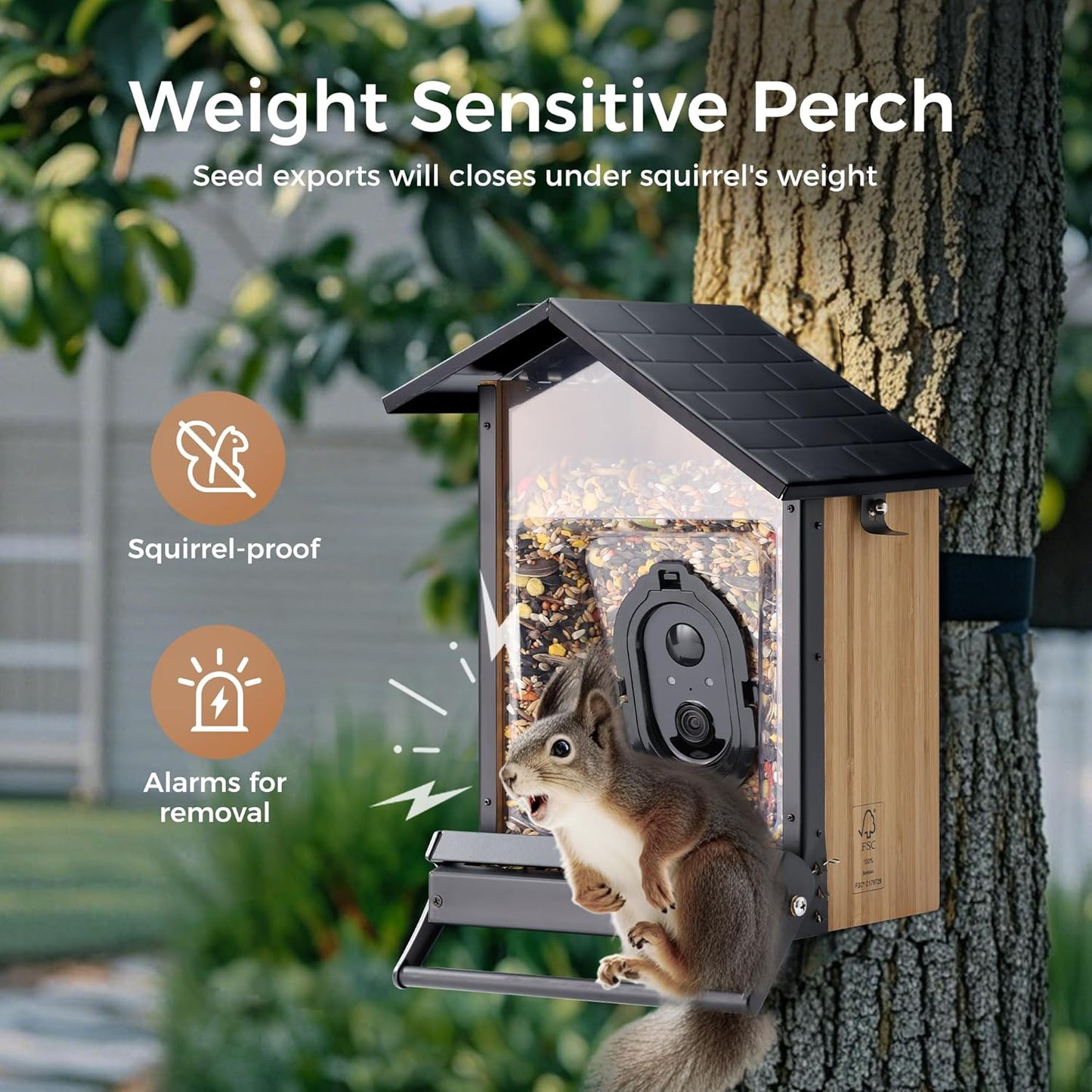 TT Nature Solar Camera Bird Feeder – 2K HD Live Video, AI Bird Recognition & Instant Alerts, Squirrel-Proof, 3.2L Bamboo