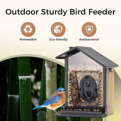 TT Nature Solar Camera Bird Feeder – 2K HD Live Video, AI Bird Recognition & Instant Alerts, Squirrel-Proof, 3.2L Bamboo