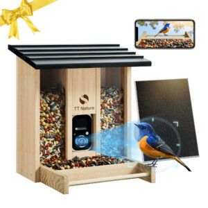 Smart Red Cedar Bird Feeder with Camera Solar Powered, AI Identify 6000+ Bird Species, Auto Capture 1080P Bird Videos, Bird-Watching Wood Bird Feeder Bird Videos & Notify, Ideal Gift for Family and Friends